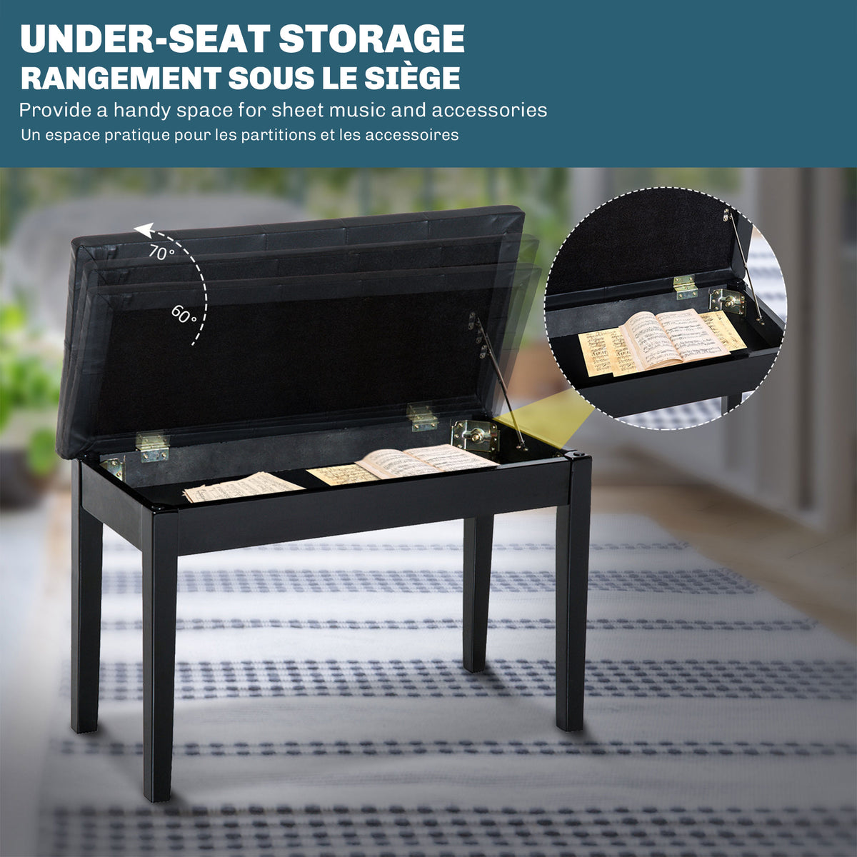 Banquette tabouret siège pour piano avec coffre de rangement pied bois caoutchouc assise capitonnée noir-4