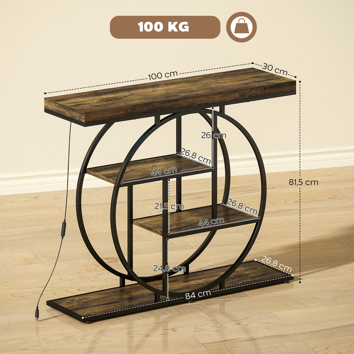 Console meuble avec éclairage LED 100 cm, table console à 4 niveaux avec étagères ouvertes, marron rustique et noir-2