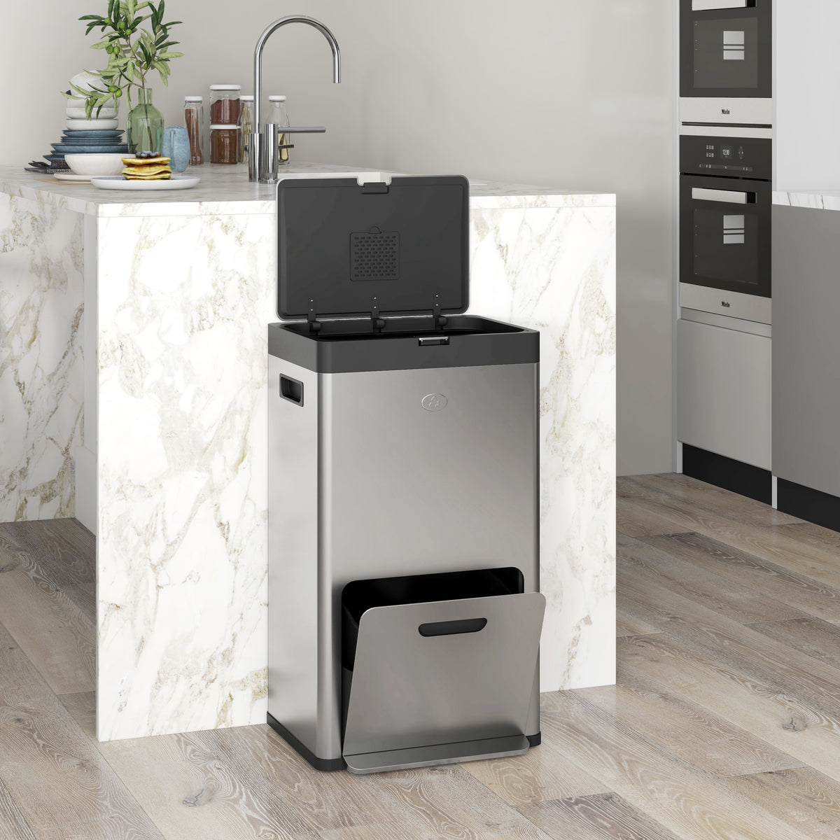 Poubelle rectangulaire à pédale poubelle cuisine 3 compartiments fermeture douce acier inox 45,7 x 35,8 x 76 cm argent-9