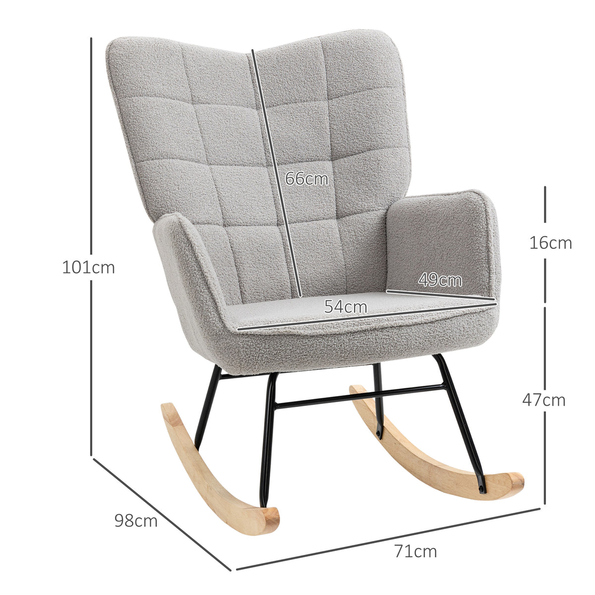 Fauteuil à bascule rocking chair revêtement bouclette structure en acier 71 x 98 x 101 cm Gris clair-2