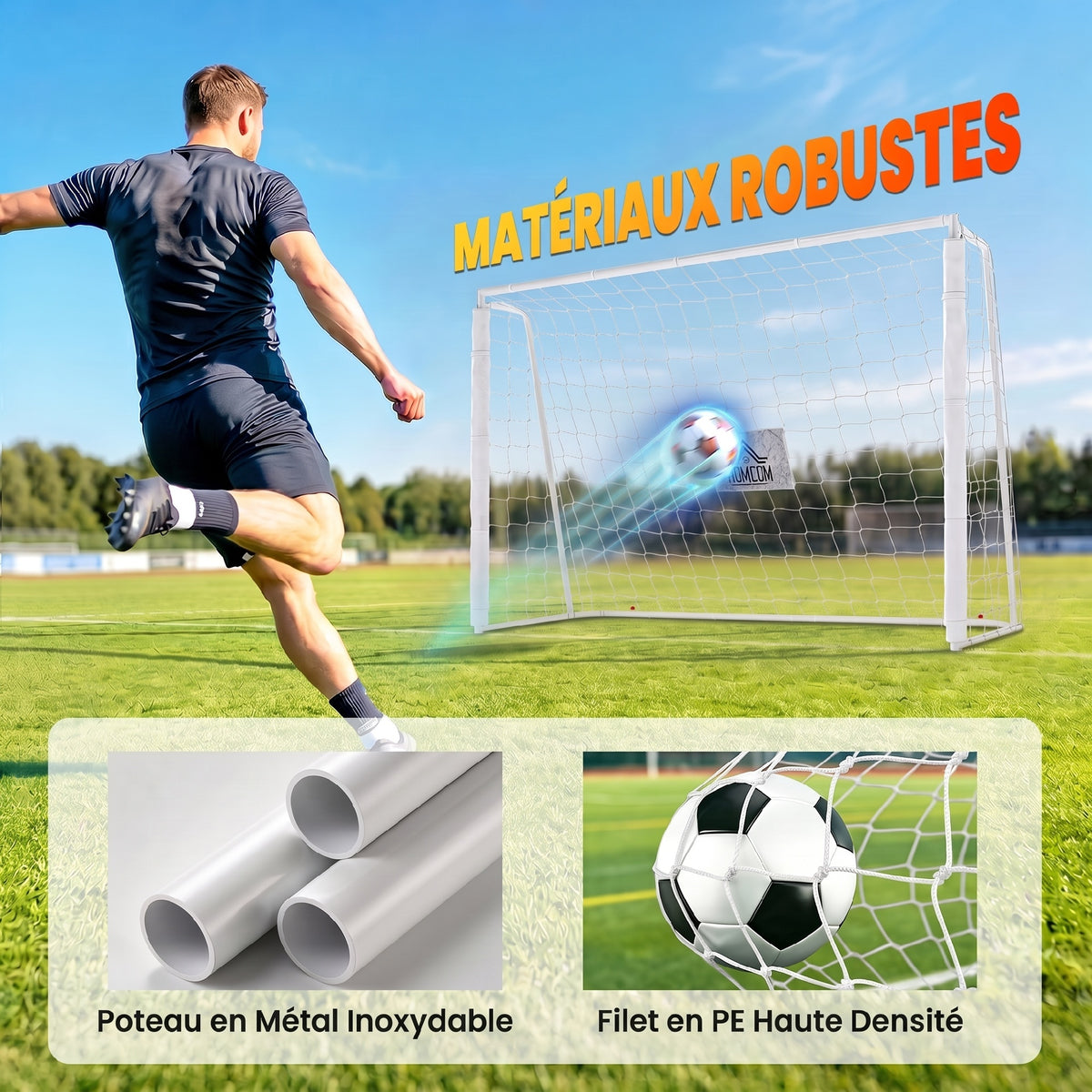 But de football - cage de foot - but d'entrainement dim. 186L x 62l x 123H cm - châssis métal filet PE - piquets & outil inclus - blanc-3