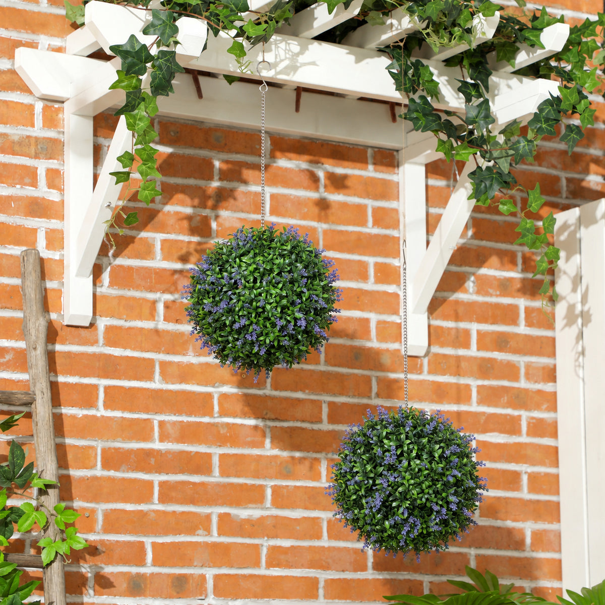 Lot de 2 boules topiaires artificielles, fausses plantes décoratives résistantes aux UV, Ø 27 cm, violet et vert-1