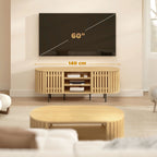 Meuble TV, meuble télé pour téléviseur 60 pouces, 2 portes à lattes, 140x40x52cm, bois naturel-6