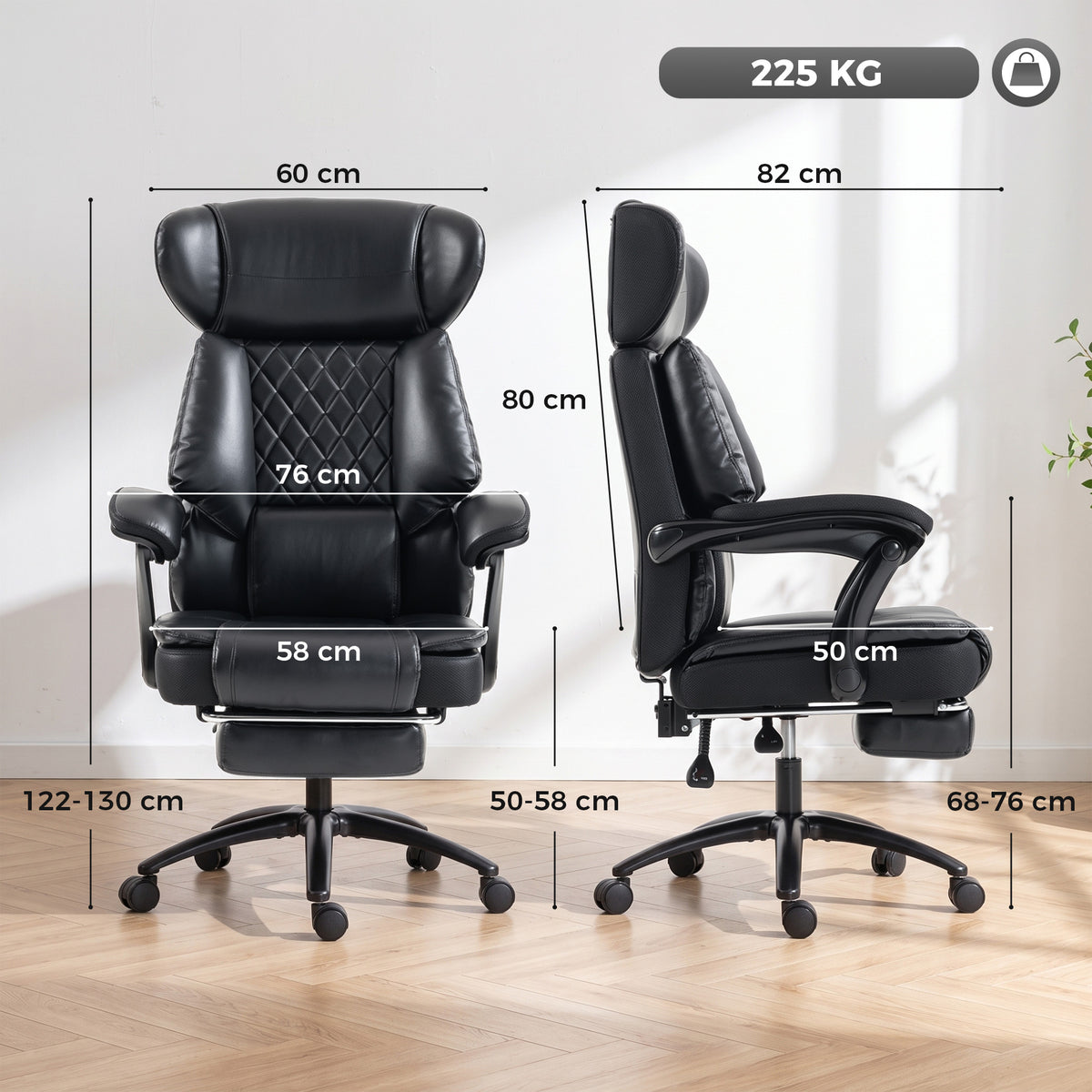 Fauteuil de Bureau Grande Taille, Chaise de Direction Ergonomique en PU 225 Kg, Appui-Tête Réglable, Noir-2
