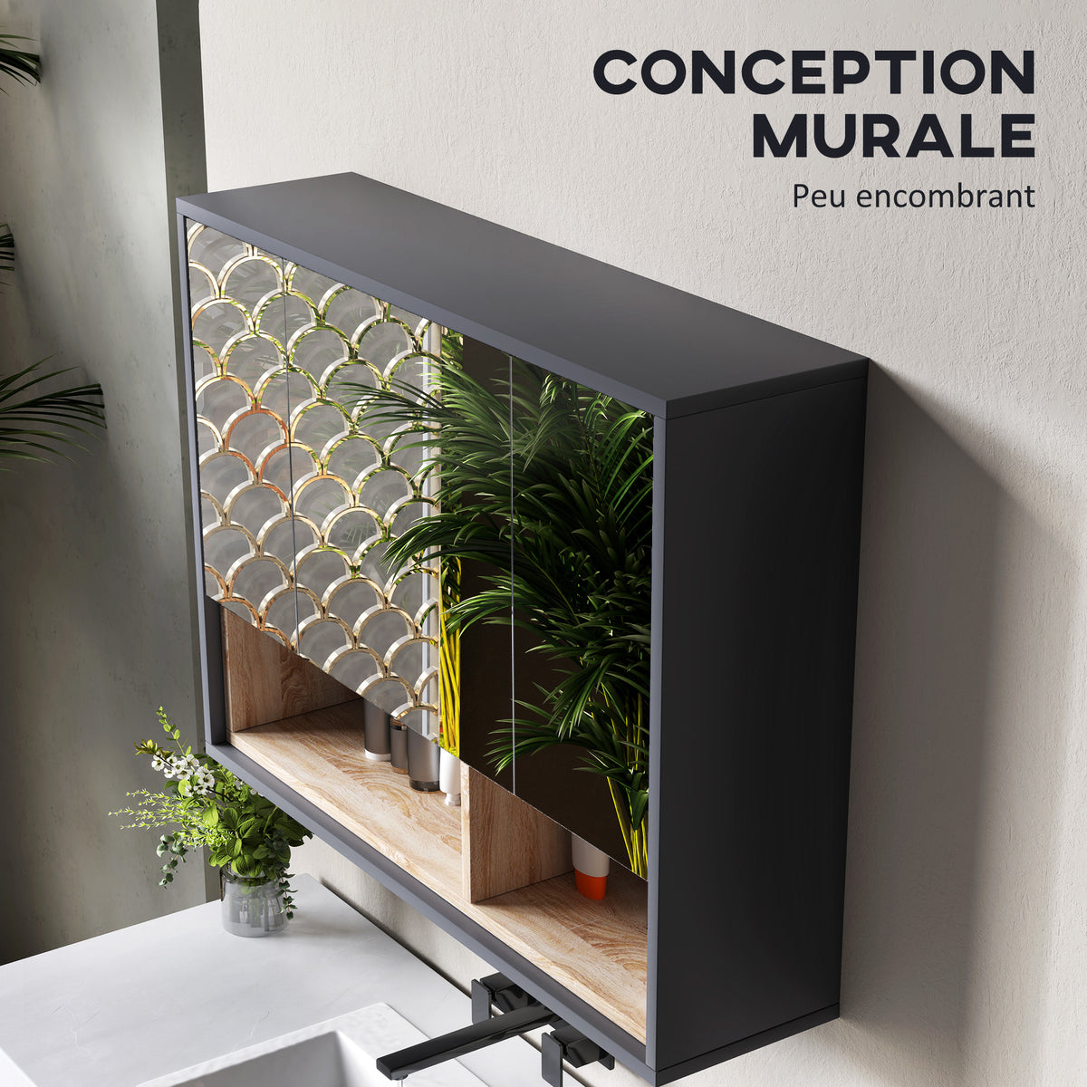 Meuble salle de bain avec miroir, armoire toilettes murale avec placards à 3 portes et 8 compartiments, gris-5