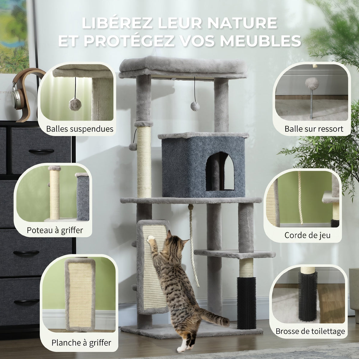 Arbre à Chat Tour de Jeux pour Chats Centre d'Activités avec Poteaux à Griffer en Sisal Niche Hauteur 132 cm Gris-4