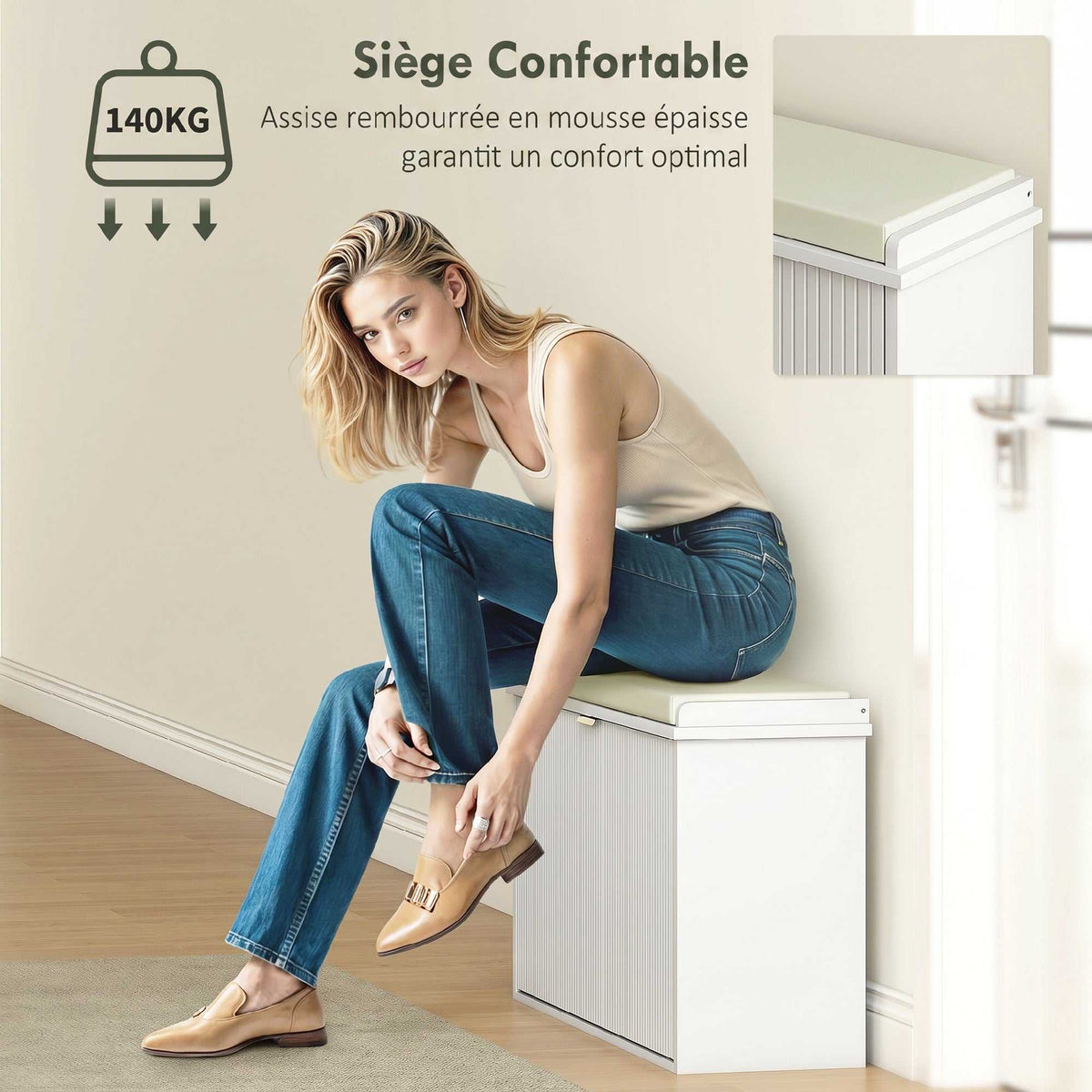 Banc à chaussures avec coussin d'assise rembourré et tiroir rabattable pour couloir, chambre, 80 x 26 x 47,5 cm, blanc-6