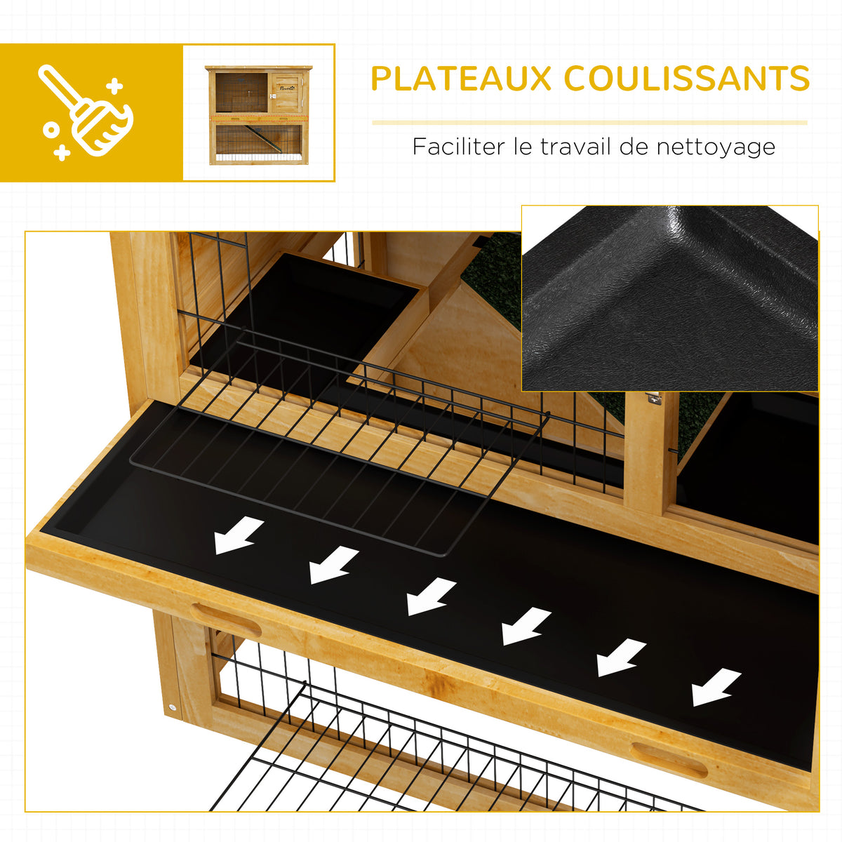Clapier à lapin en bois 2 étages avec 3 portes plateau coulissant rampe toit bitumé 85 x 50 x 80 cm jaune-5