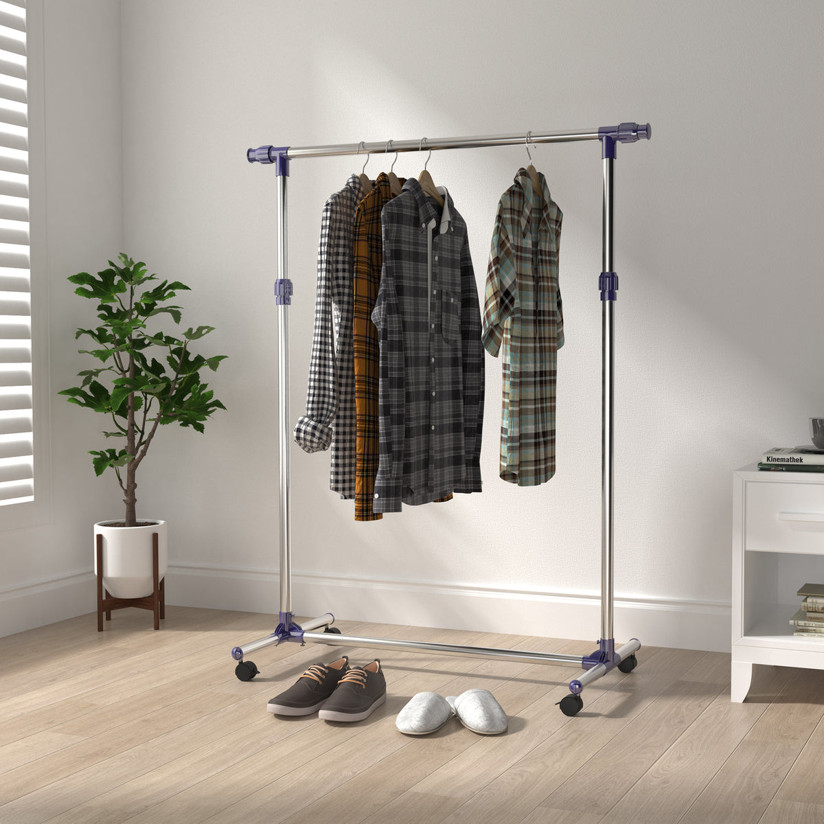 Portant à Vêtements, Tringle Réglable à Roulettes en Acier Inox, Charge Max. 25 kg, Argent-1