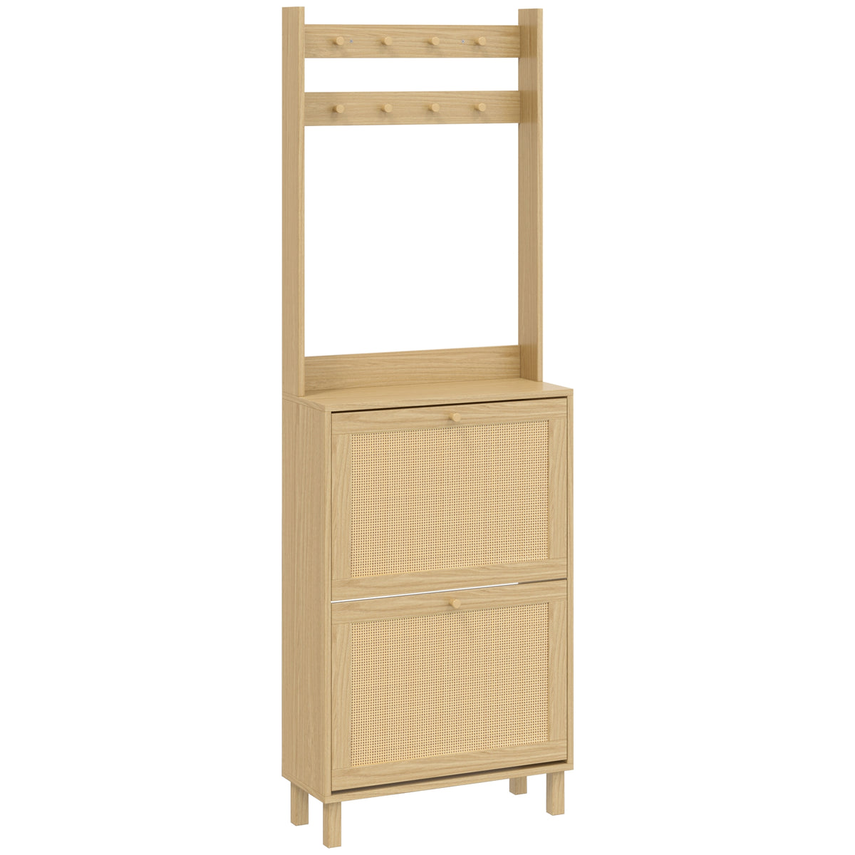 Porte-Manteau 2 en 1, Meuble d'Entrée avec Meuble à Chaussures, Portes Effet Rotin et 8 Crochets, Bois Naturel-0