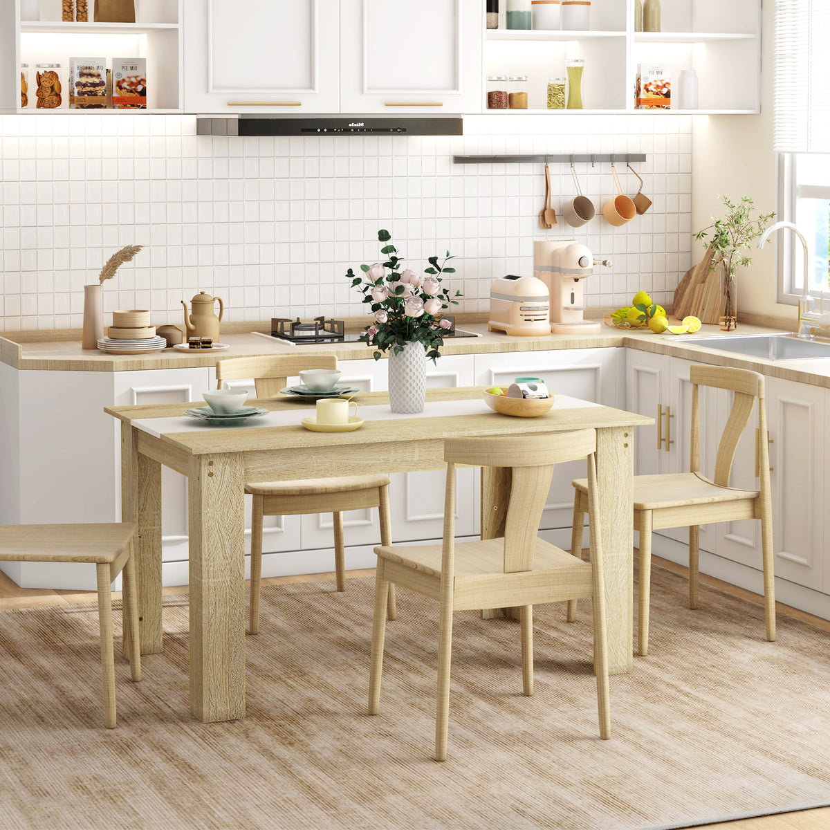 Table de salle à manger pour 6 personnes en bois aspect naturel et blanc, dim. 140L x 90l x 75H cm-9
