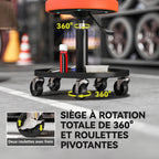 Tabouret d'atelier à 5 roulettes pivotantes 360°, hauteur réglable 38-50 cm, avec plateau, 38 x 38 x 38-50 cm, orange-6