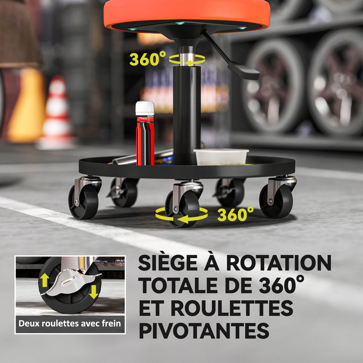 Tabouret d'atelier à 5 roulettes pivotantes 360°, hauteur réglable 38-50 cm, avec plateau, 38 x 38 x 38-50 cm, orange-6