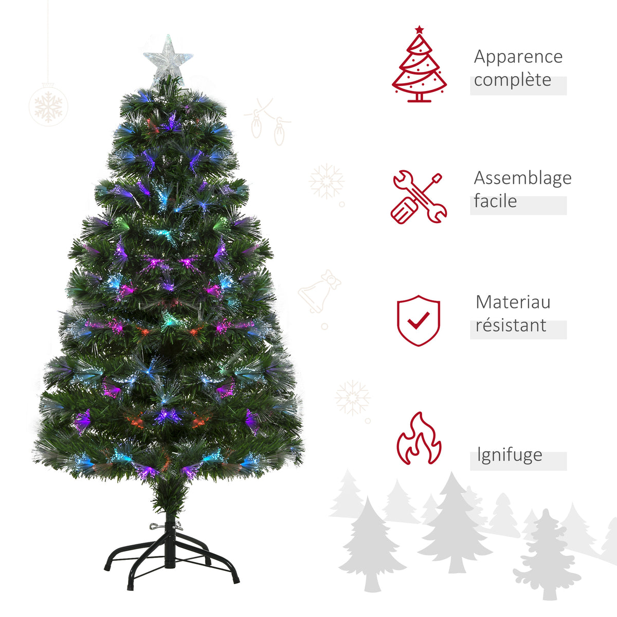 Sapin Noël Artificiel Arbre Noël Lumineux 120cm Fibre Optique Deco Noël lumière à Variation Couleurs 130 LED Vert-3