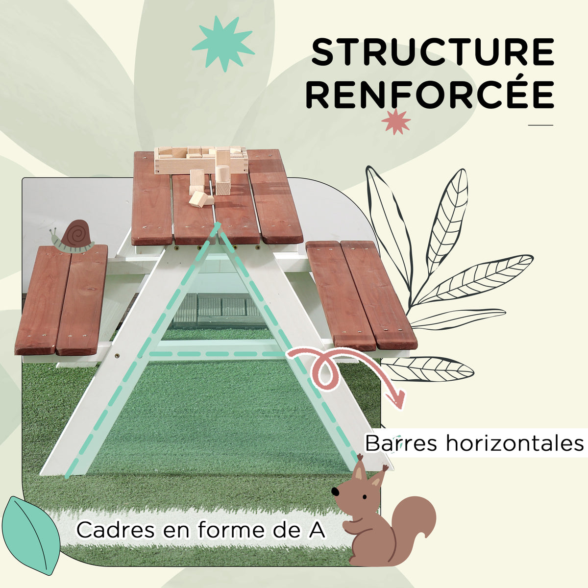 Table de pique-nique pour enfants avec bancs en bois massif table enfant pour le jardin 89 x 79 x 50 cm marron et blanc-5