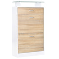 Armoire à Chaussures Meuble rangement Chaussures 2 Portes abattantes 2 Compartiments, tiroir, Plateau en Verre - Bois chêne Blanc-0