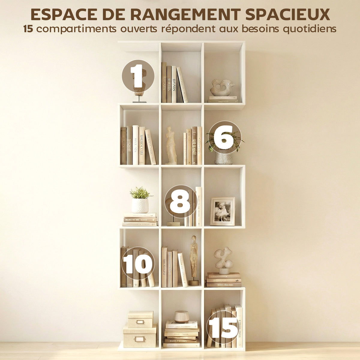 Bibliothèque à 5 niveaux, étagère de rangement en forme S avec 15 compartiments ouverts, 80 x 24 x 200 cm, blanc-4