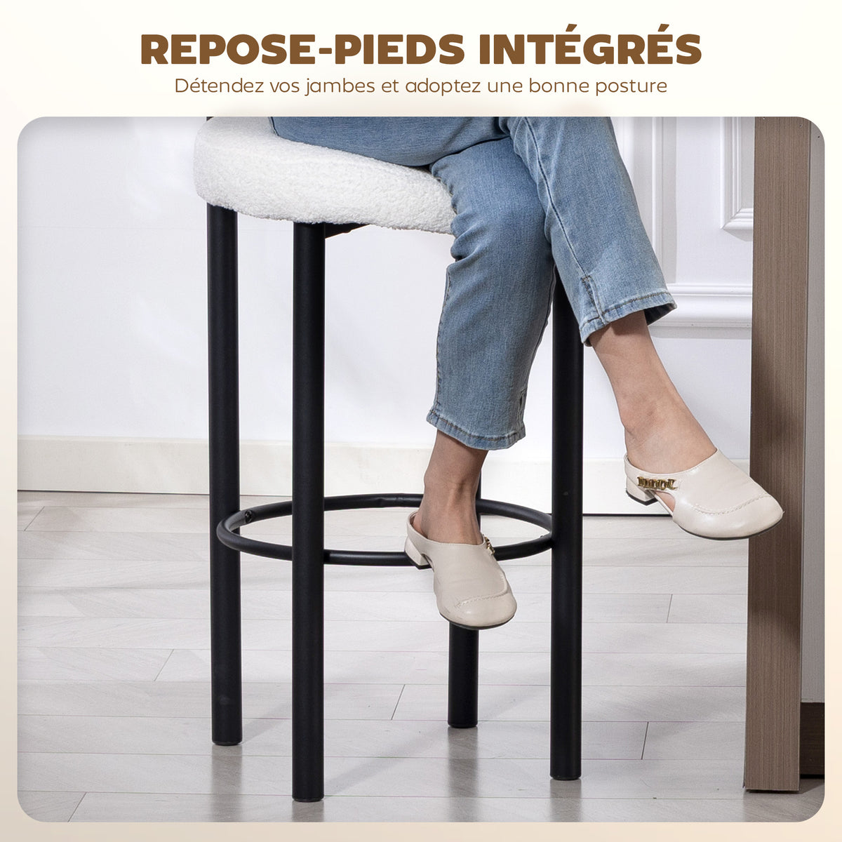 Lot de 2 tabourets de bar, chaises de bar en tissu bouclette avec dossier incurvé, repose-pieds, 50x52,5x98cm, blanc-6