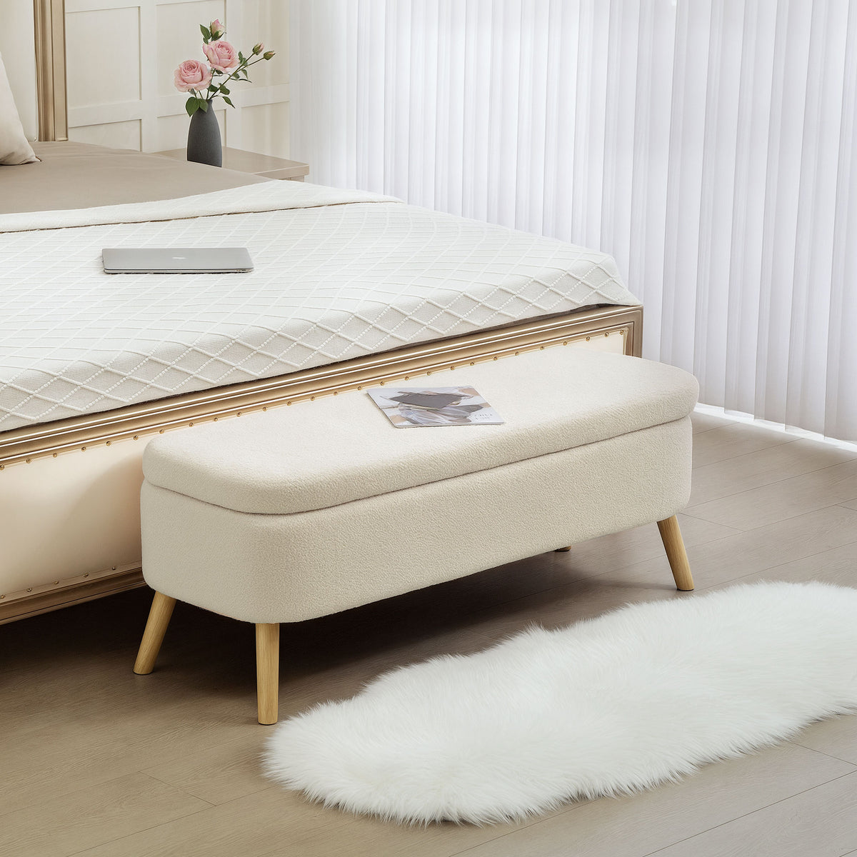 Banc de rangement, bout de lit avec couvercle, pieds en bois, capacité 65 L, jusqu'à 220 kg, 120x42x45cm, beige-1