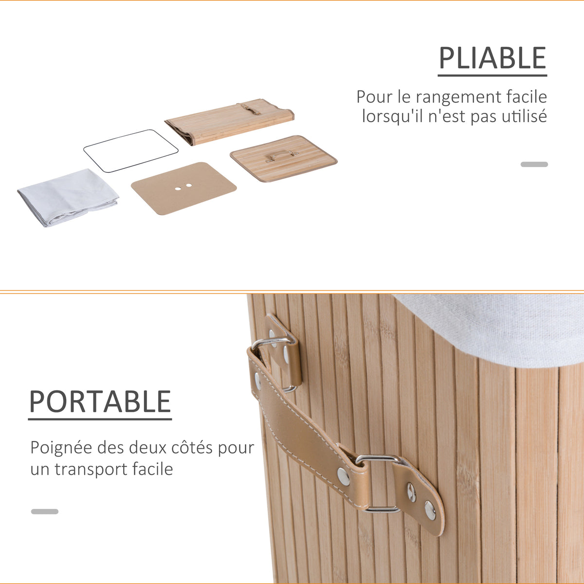 Panier à linge corbeille à linge bac à linge bambou pliable couvercle sac amovible 3 poignées PU 40L x 30l x 60H cm beige-3
