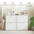Armoire à Chaussures Meuble à Chaussures Grande Taille dim. 120L x 24l x 81H cm 4 Portes abattantes Double Niveau en Bois Blanc-6