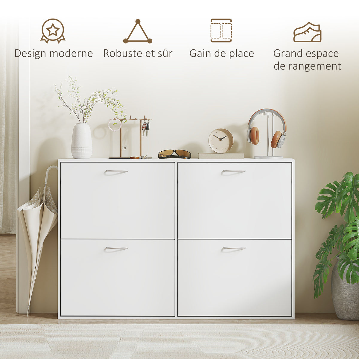Armoire à Chaussures Meuble à Chaussures Grande Taille dim. 120L x 24l x 81H cm 4 Portes abattantes Double Niveau en Bois Blanc-6