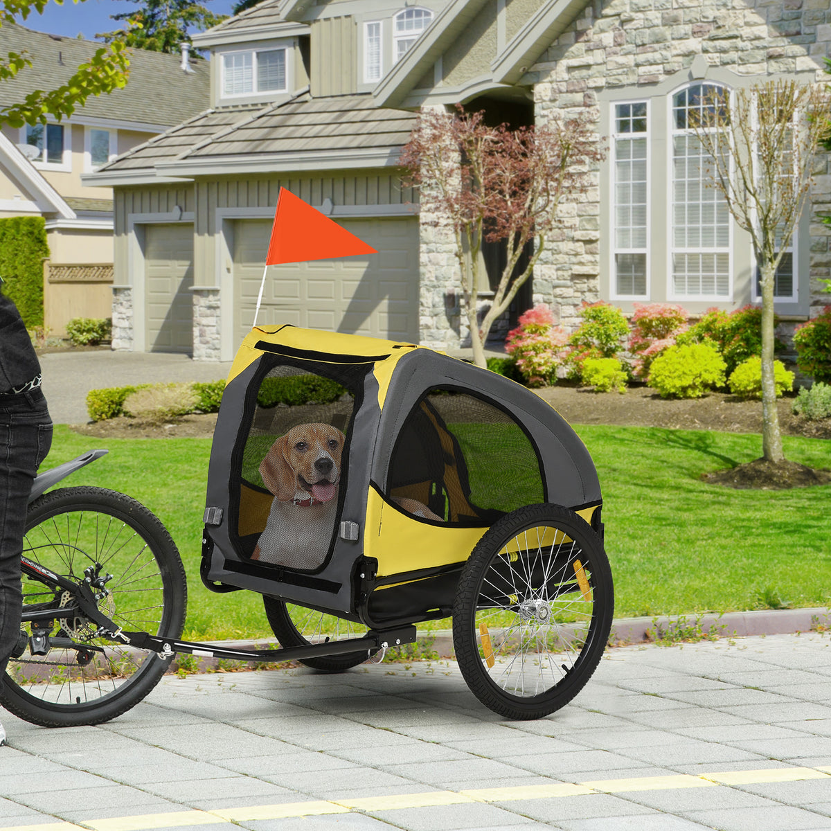 Remorque de vélo pour chien avec fenêtres en maille réflecteurs et drapeau de sécurité 140 x 71 x 83 cm jaune-1
