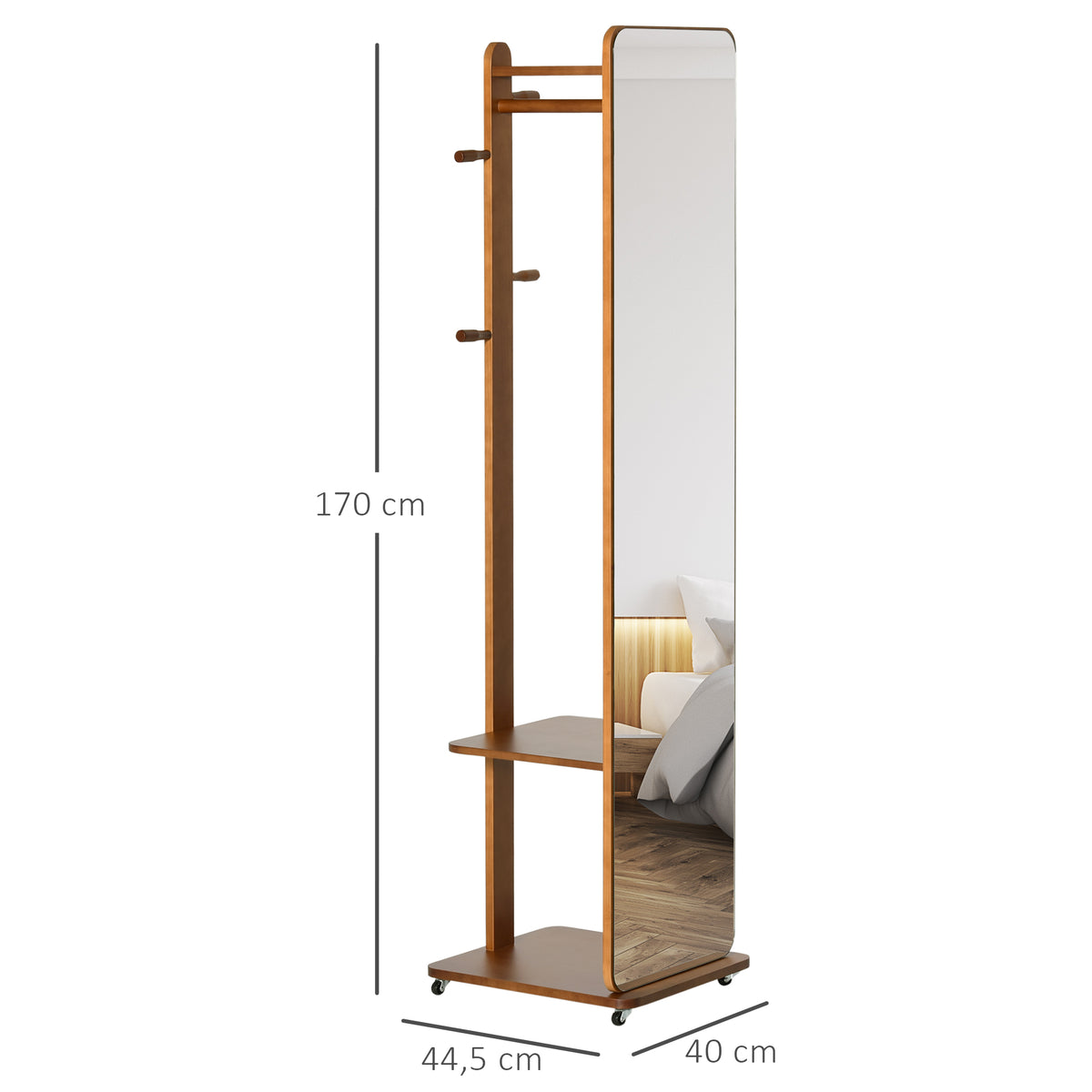 Miroir sur Pied avec roulettes - Portant, 4 patères étagère MDF Aspect Noyer-2