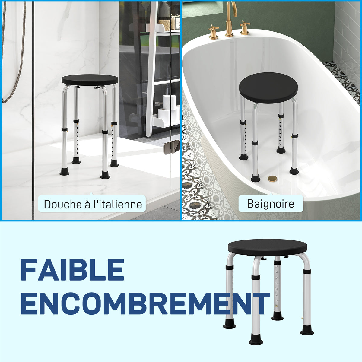 Tabouret de Douche réglable en Hauteur siège de Douche Ergonomique Pieds antidérapants Charge Max. 136 Kg alu HDPE Noir-4
