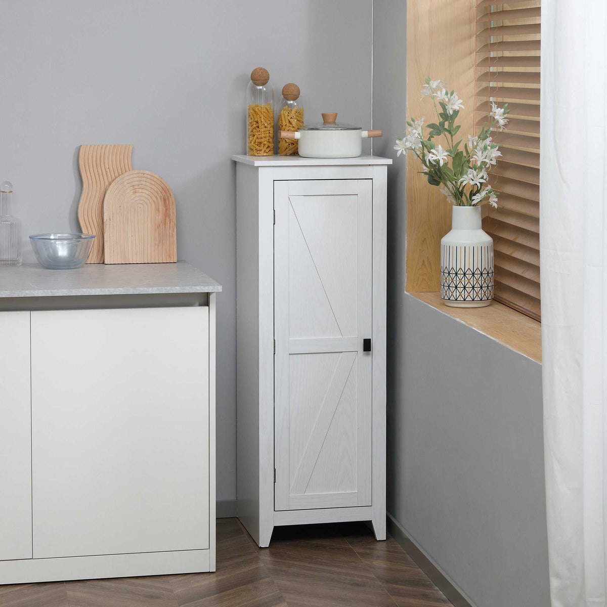 Armoire de Rangement sur Pieds buffet cuisine meuble de rangement pour Salle de bain Gain de Place Style Classique avec 2 étagères réglables- Hauteur 120 cm en Bois Blanc-1