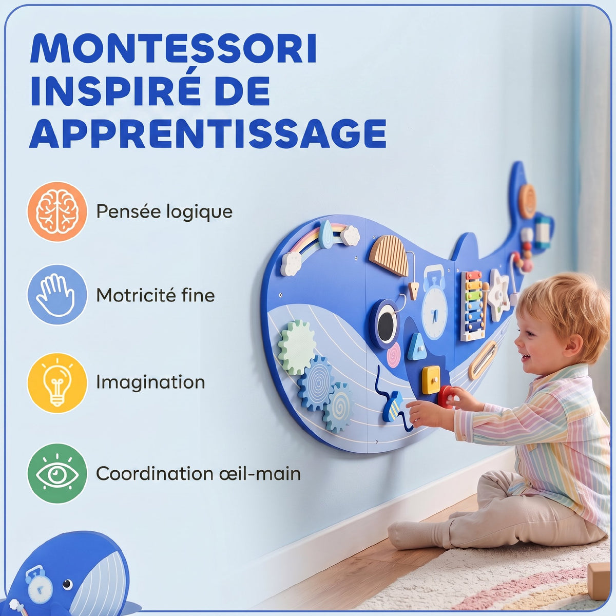 Busy Board Jouet, Tableau d'Activités Murale Baleine, Planche Motricité Bébé Educatif pour Garcon Fille dès 2 Ans, Bleu-4