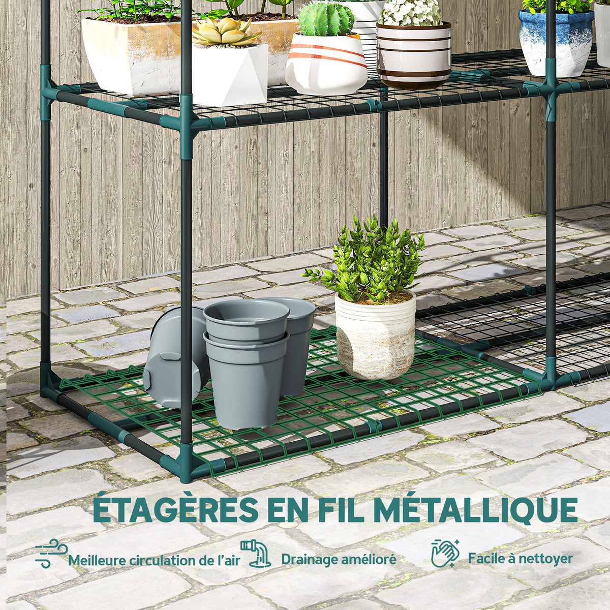 Étagère à Fleurs 3 Niveaux en Acier, Support à Plantes Intérieur Extérieur, Charge 20 kg, 143 x 48 x 100 cm, Vert Foncé-4