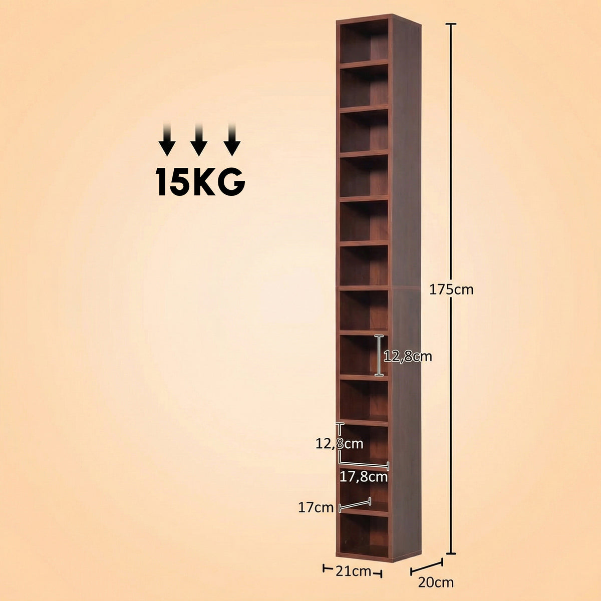 Rangements pour CD et DVD, étagère colonne de rangement, meuble de rangement avec 12 compartiments, capacité max. 204 CD, 21 x 20 x 175 cm, marron-2