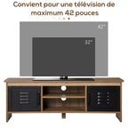Meuble TV Banc TV 110 cm Design Industriel, avec 2 placards, 2 niches, 2 Passe-Fils, Aspect Bois veinage Portes métal Noir-5