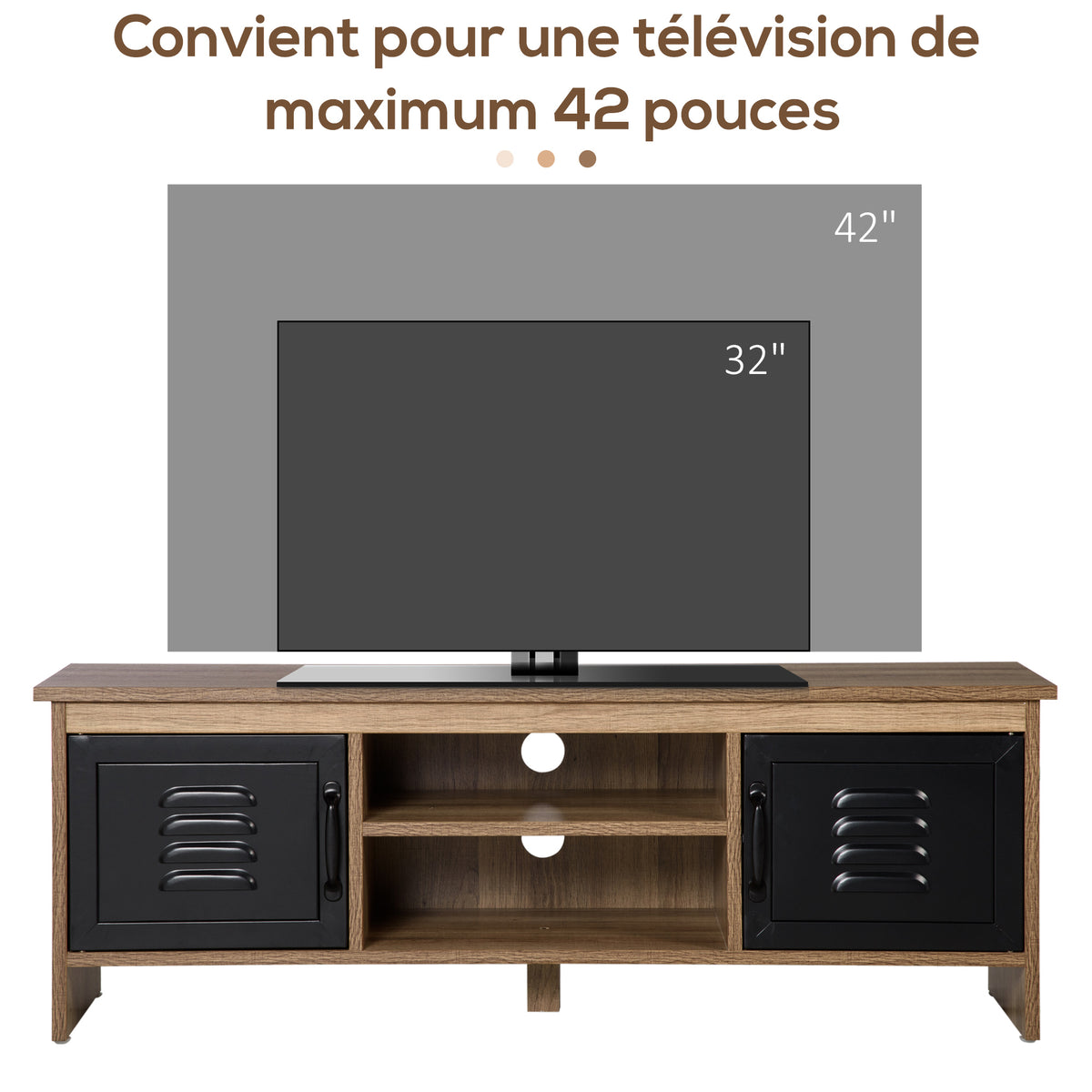 Meuble TV Banc TV 110 cm Design Industriel, avec 2 placards, 2 niches, 2 Passe-Fils, Aspect Bois veinage Portes métal Noir-5