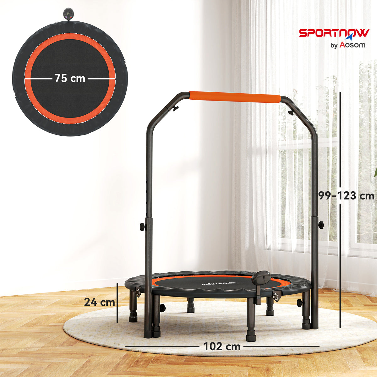 Trampoline de fitness gymnastique avec poignée réglable, pliable, 6 pieds, 28 ressorts Ø 102 cm, noir rouge-2
