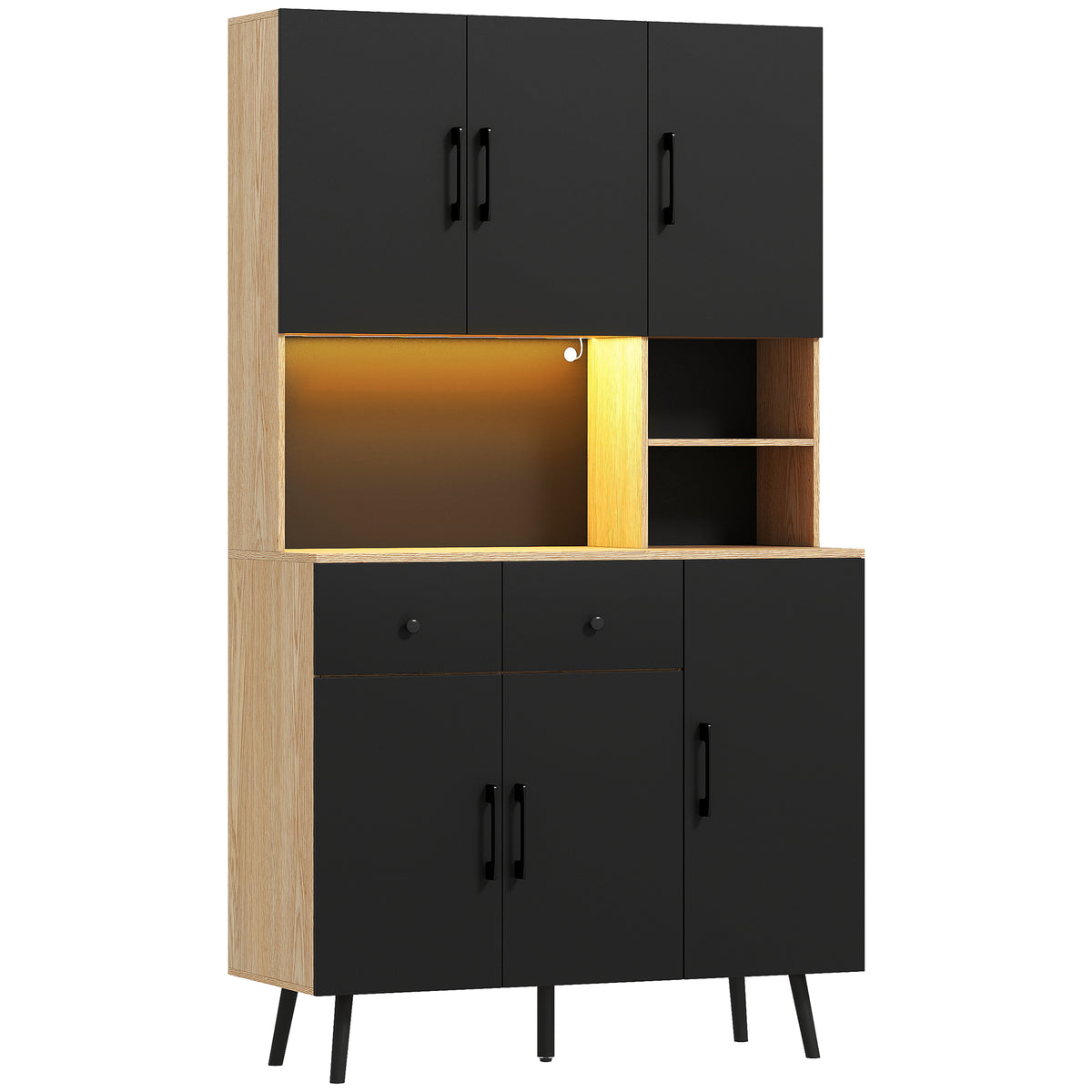 Buffet cuisine meuble cuisine rangement haut avec lumière LED RGB plan de travail 6 portes 2 tiroirs 100x40x176cm noir-0