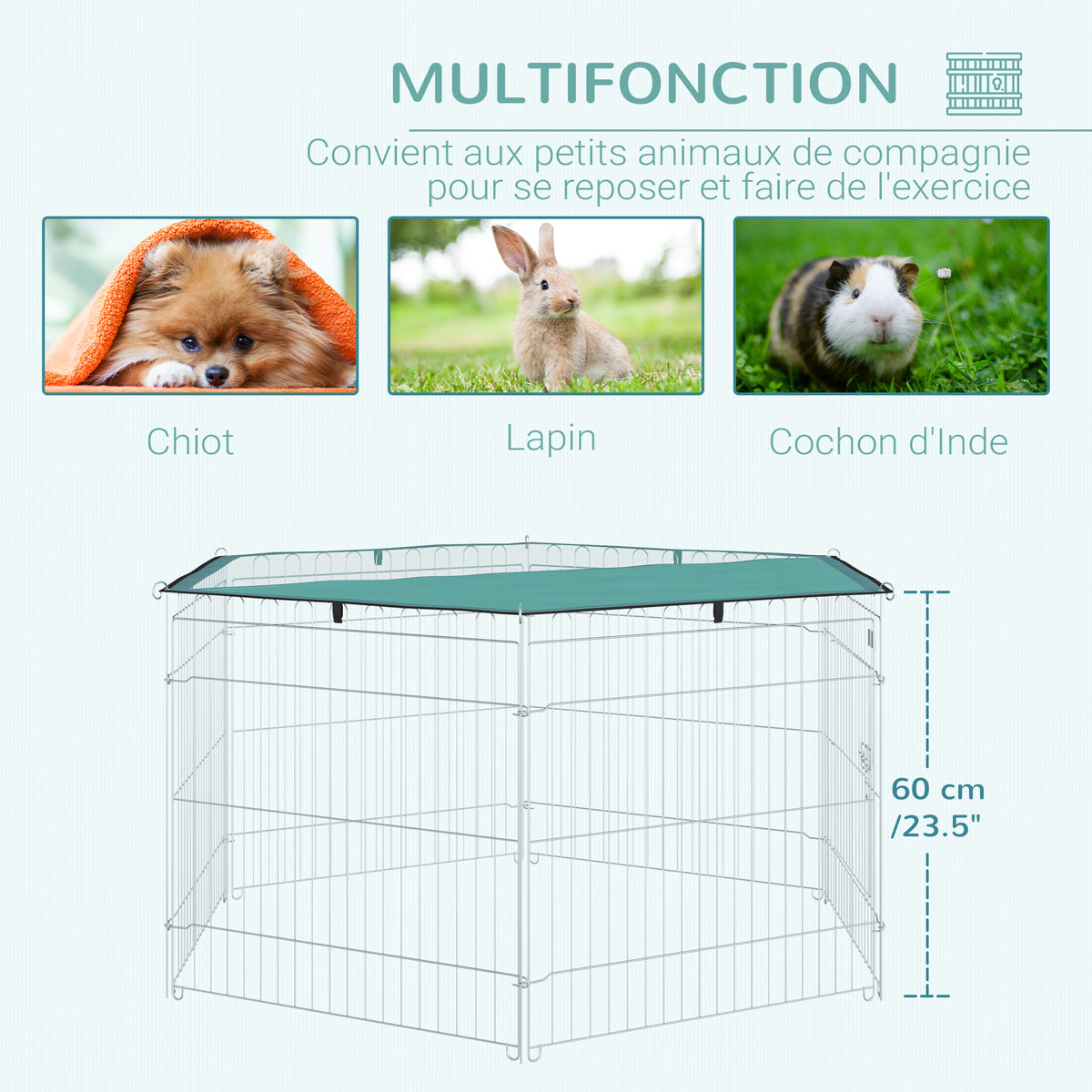 Parc pour chien, enclos chien 6 panneaux avec toit, modulable et pliable, enclos portable 60H cm avec porte, clôture pour chat, chiens de petit taille, intérieur et extérieur, argent, vert-6