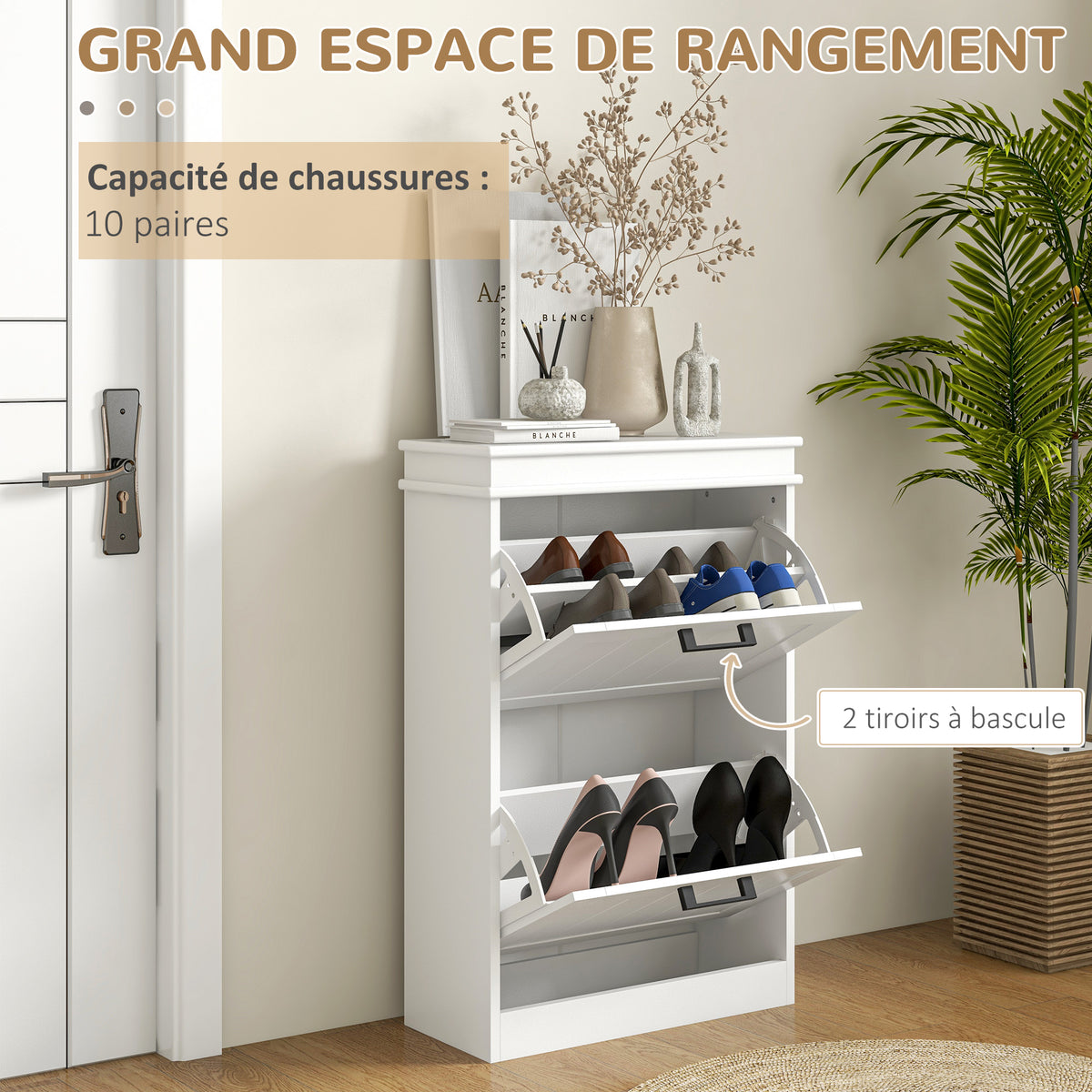 Meuble à chaussures, 2 portes abattants, étagères réglables, pour entrée, couloir, 54 x 24 x 82,5 cm, blanc-3