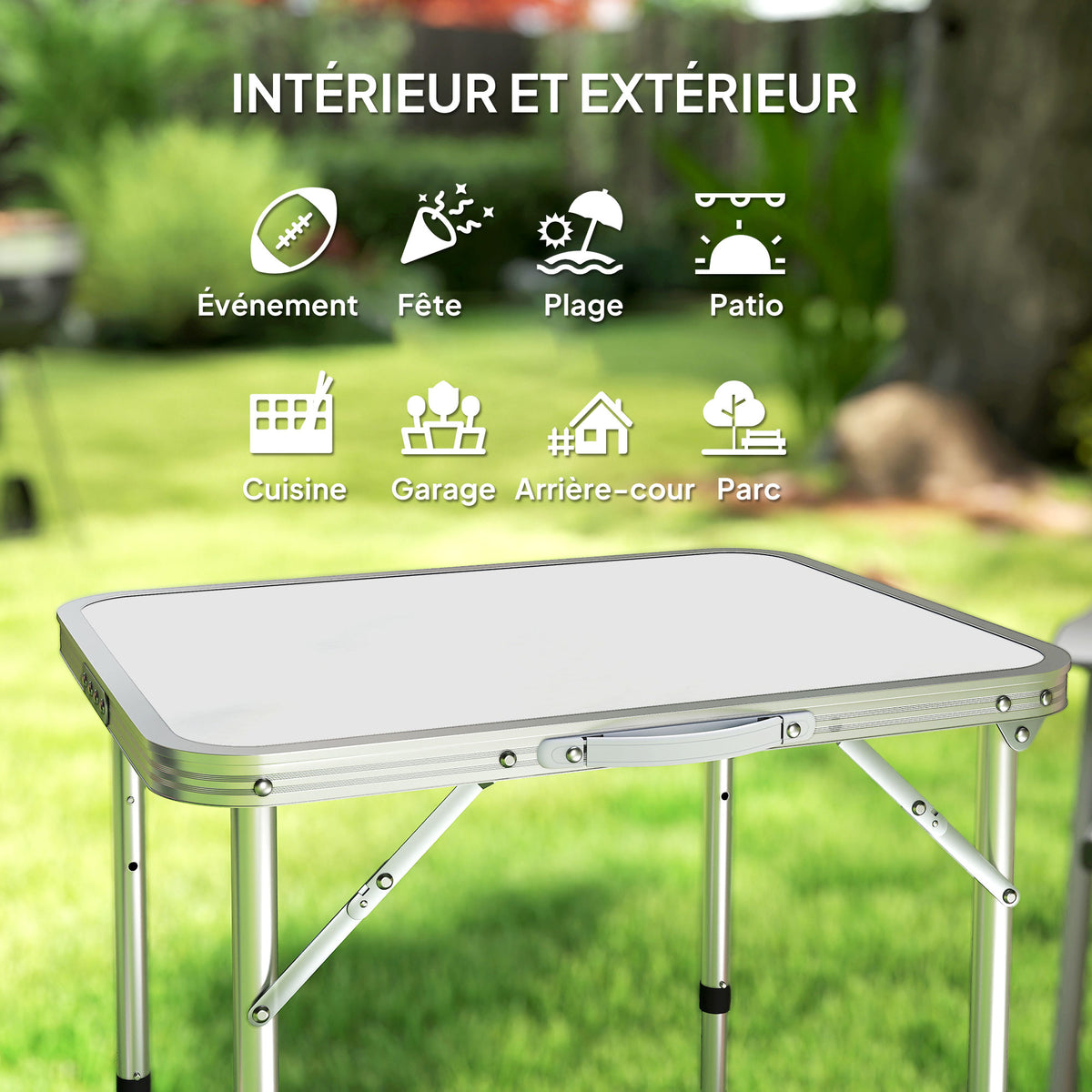 Table Pliante Table de Camping Table de Jardin Hauteur réglable Aluminium MDF Blanc-6
