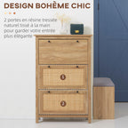 Meuble à chaussures étagère à chaussures armoire 3 portes abattants effet cannage rotin - en bois bois naturel-7