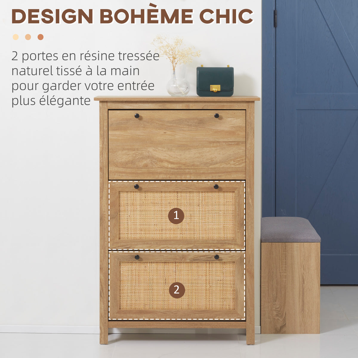 Meuble à chaussures étagère à chaussures armoire 3 portes abattants effet cannage rotin - en bois bois naturel-7