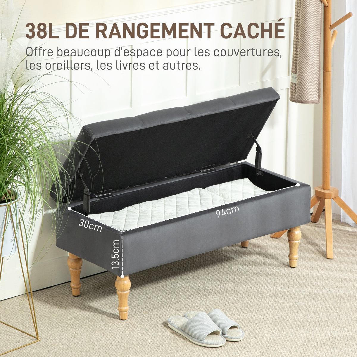 Banc coffre de rangement 2 en 1 banquette en velours avec couvercle à charnière capitonné et pieds en bois, gris foncé-3