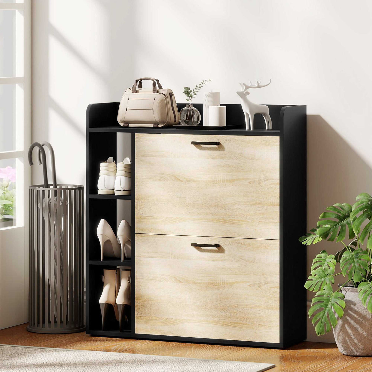 Meuble à chaussures 15 paires, armoire à chaussures moderne avec 2 tiroirs rabattables, 83x24x90,5cm, noir-9