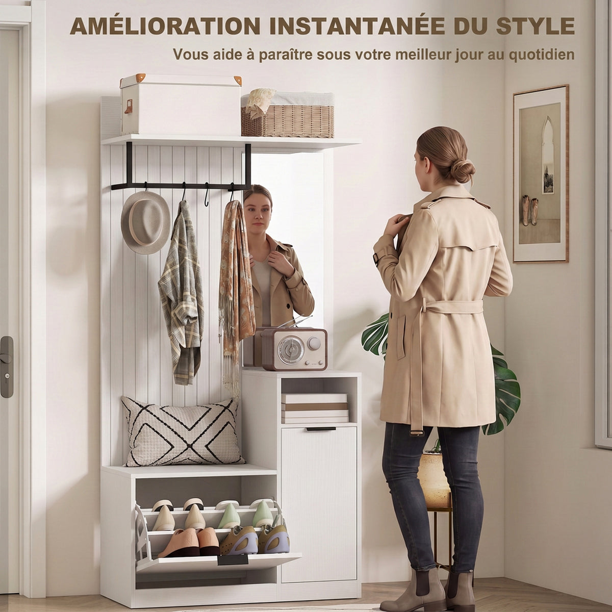Porte-Manteau 6 en 1 Meuble d'Entrée avec Banc à Chaussures Miroir Tiroir Basculant Étagères Réglables 4 Crochets Blanc-4