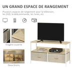 Meuble TV Bas sur Pieds Style Industriel 2 tiroirs en Tissu Gris Bois Naturel et métal Blanc-4