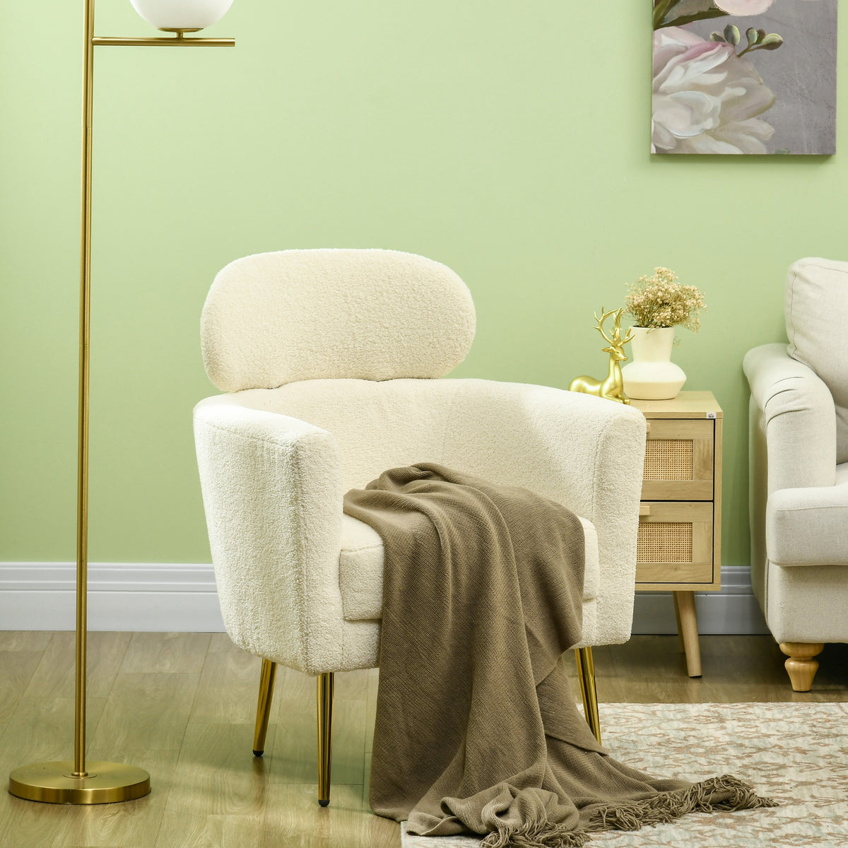 Fauteuil salon avec appuie-tête amovible, fauteuil crapaud en peluche teddy, pieds en métal, 71 x 65 x 90 cm, crème-9
