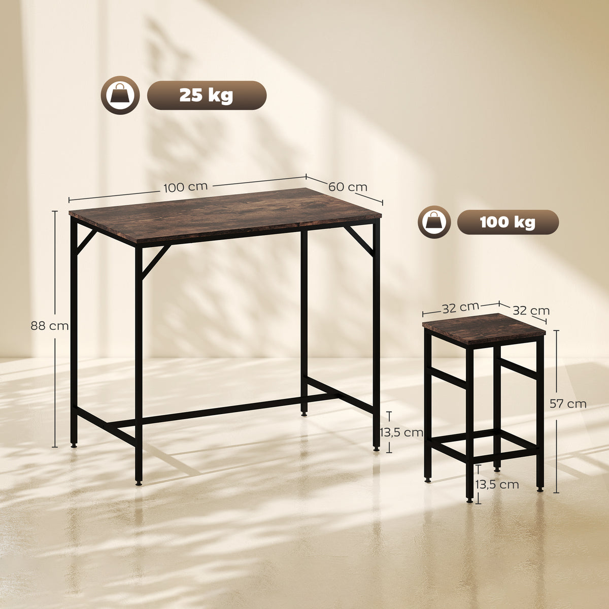 Ensemble table de bar industriel + 4 tabourets repose-pieds en bois couleur chêne cadre en métal noir-2
