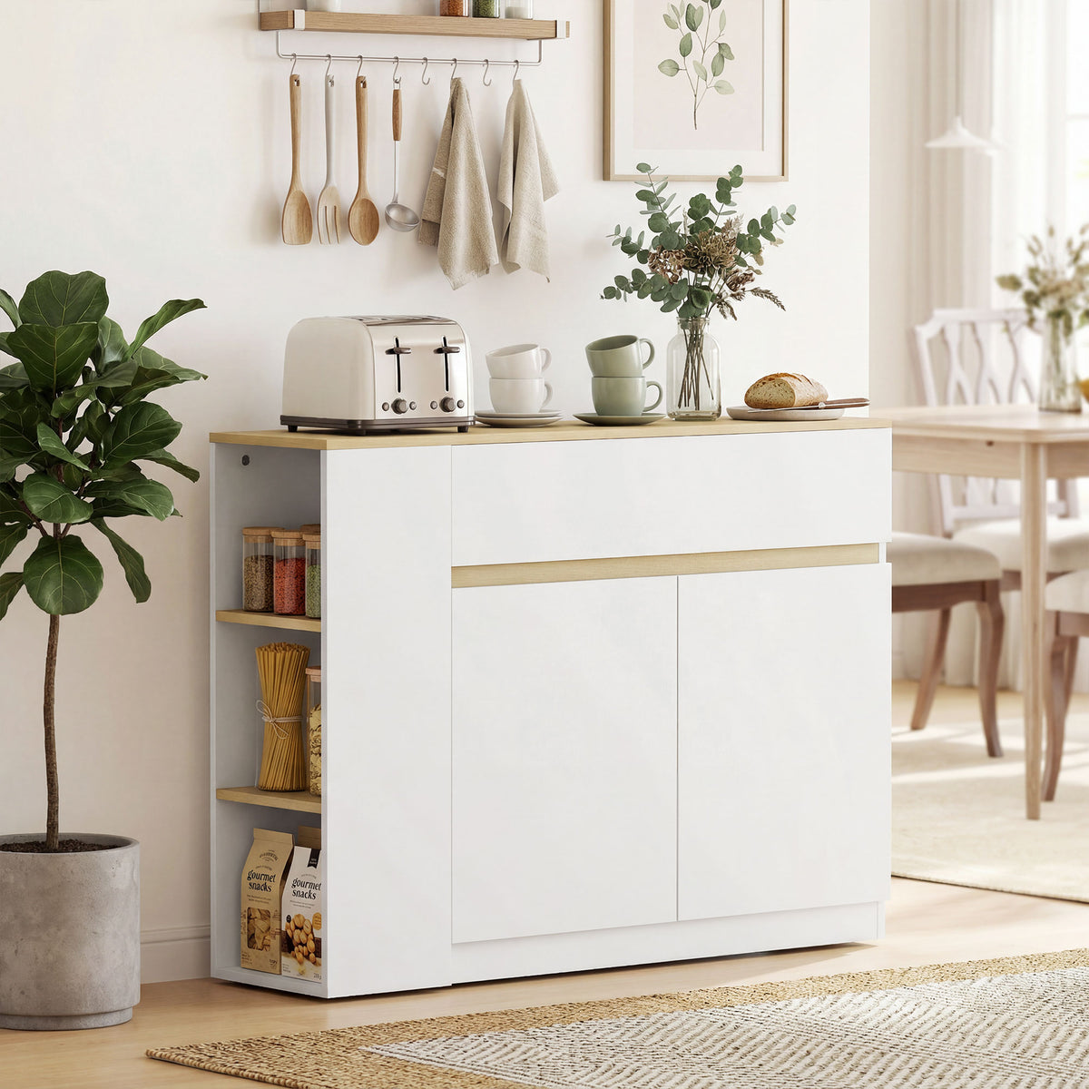 Buffet meuble de rangement avec 2 tiroirs 3 étagères ouvertes et placard 2 portes 110 x 29,5 x 82 cm blanc-9