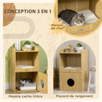 Maison de toilette pour chat meuble litière chat 3 niveaux compartiment fermé par une porte 1 coussin 60 x 45 x 103 cm-3